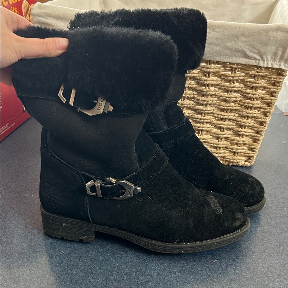 UGG Black Suede Shearling-Cuff Buckle Ankle Boots